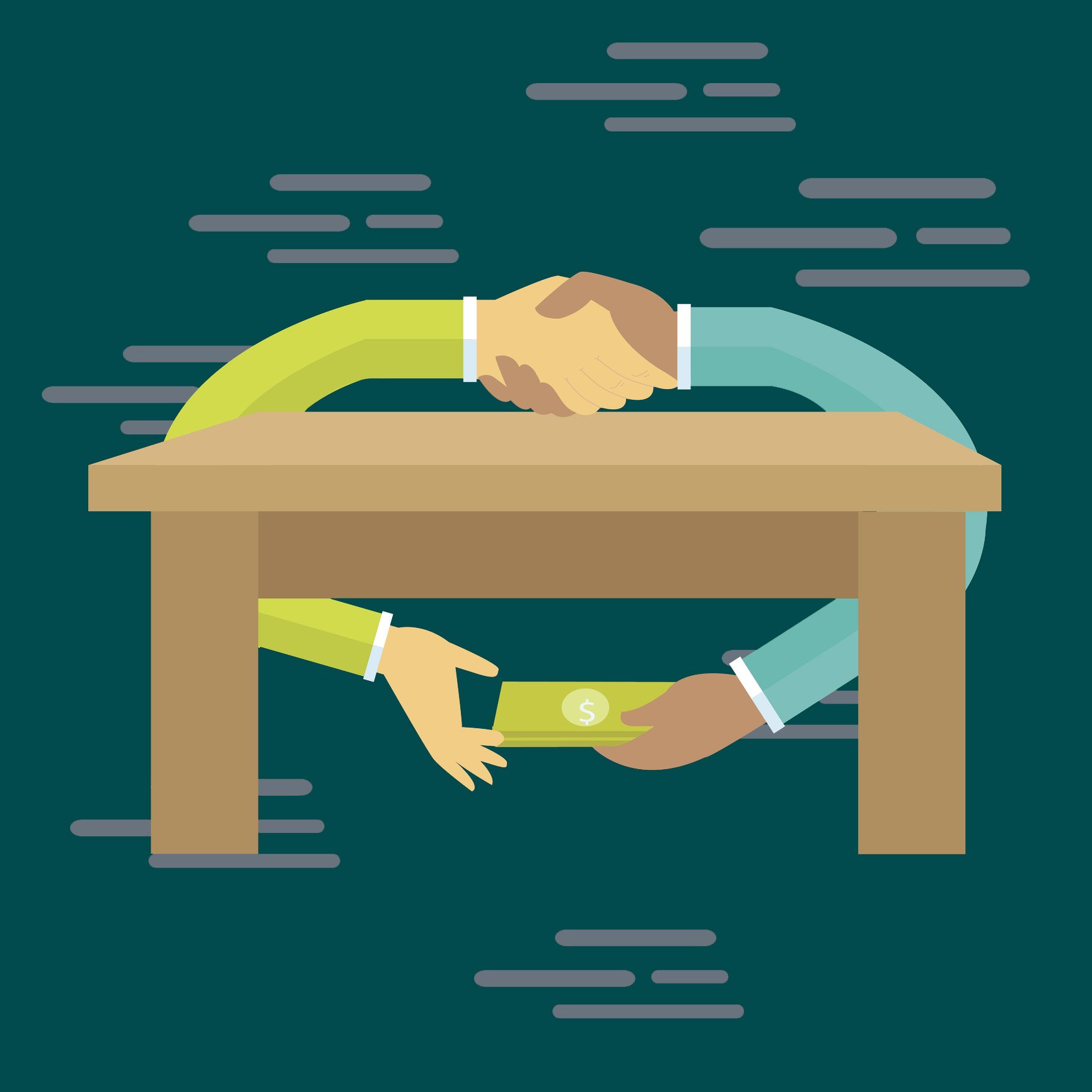 corruption bribe people hand over money under table transaction gratification