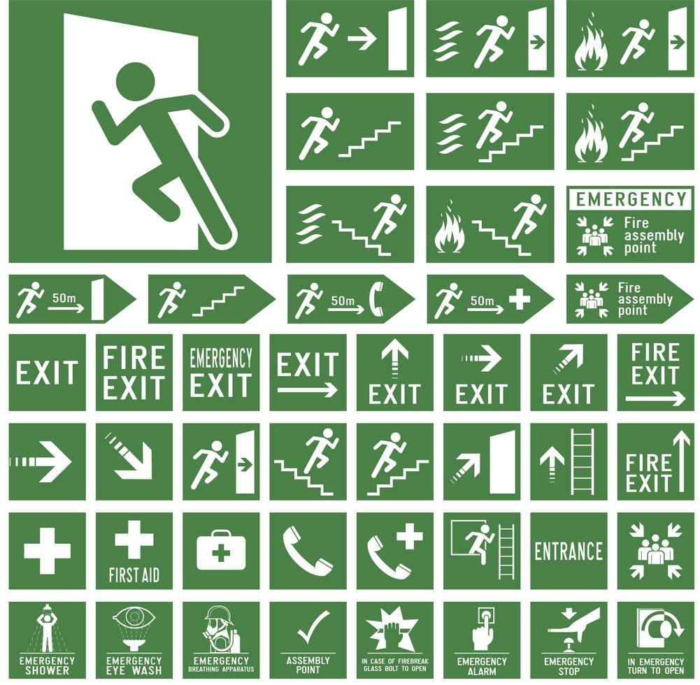 Emergency exit and first aid signs.